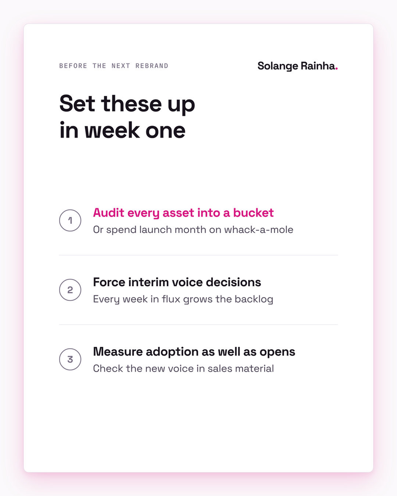 Checklist for the next content rebrand: audit every asset into a bucket, force interim decisions on the new voice, and measure adoption of the new language in sales material, not only newsletter opens.