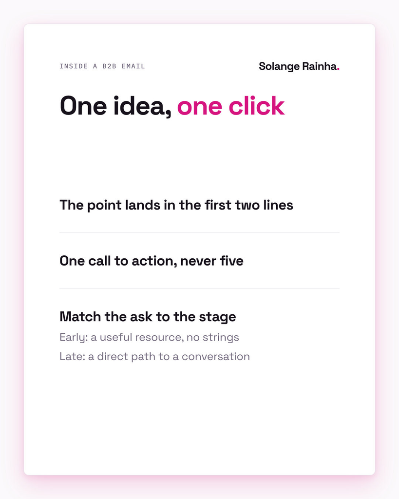 Checklist for B2B email campaigns: put the point in the first two lines, use one call to action, and match the ask to the stage, a useful resource early and a direct path to a conversation late.