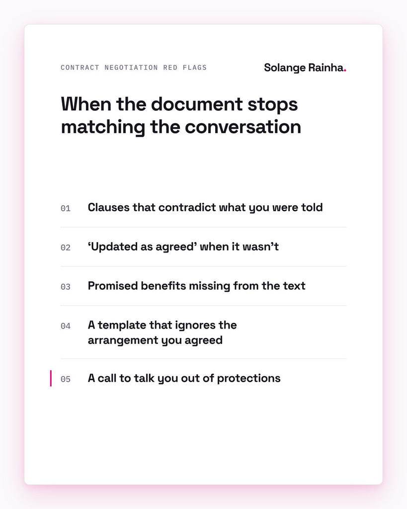 Checklist of five contract negotiation red flags: clauses contradicting what you were told, a false updated-as-agreed version, missing benefits, an unadapted template, and a call to talk you out of protections.