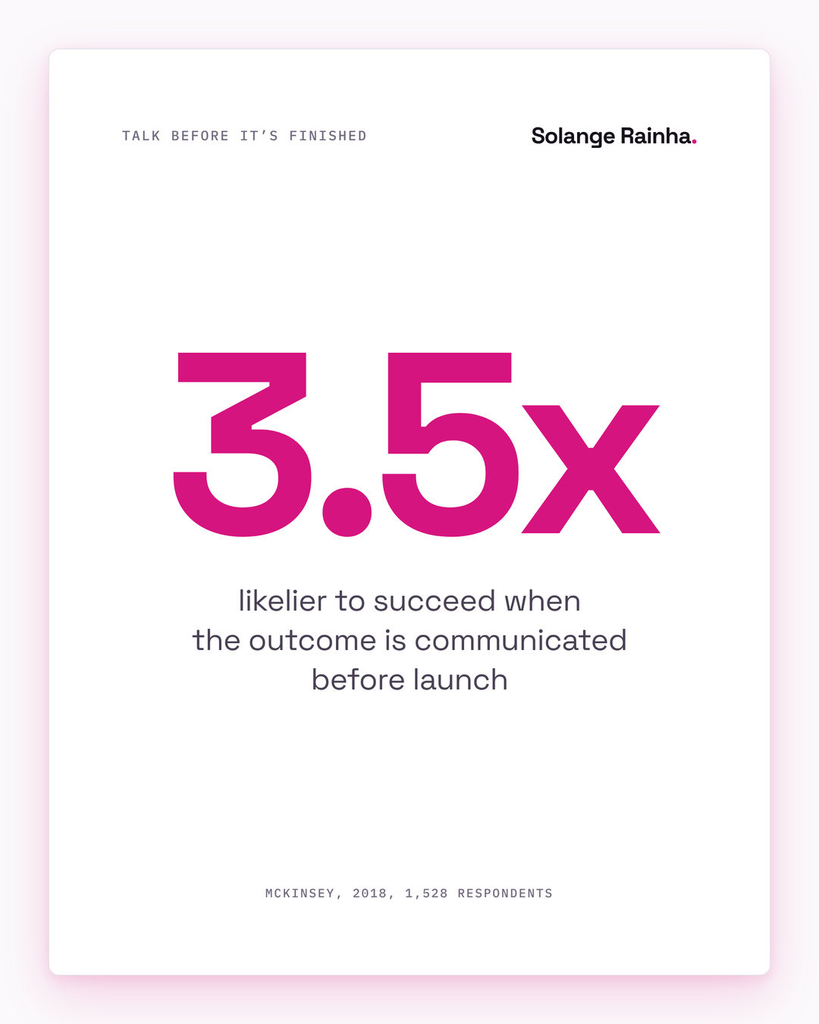 Stat card: when the desired outcome of a change was clearly communicated before launch, respondents were 3.5 times likelier to report a successful transformation, according to McKinsey's 2018 survey.
