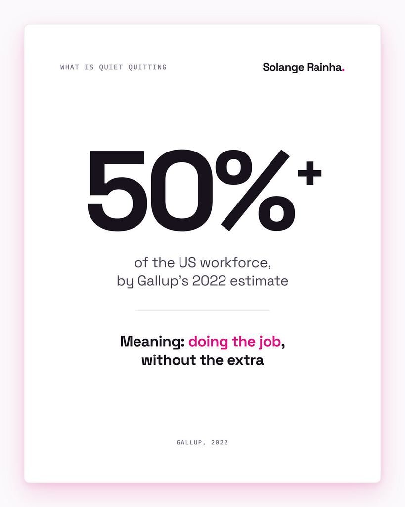 Stat card answering what is quiet quitting: Gallup's 2022 estimate put quiet quitters at over 50% of the US workforce, meaning people doing their jobs without extra emotional investment.
