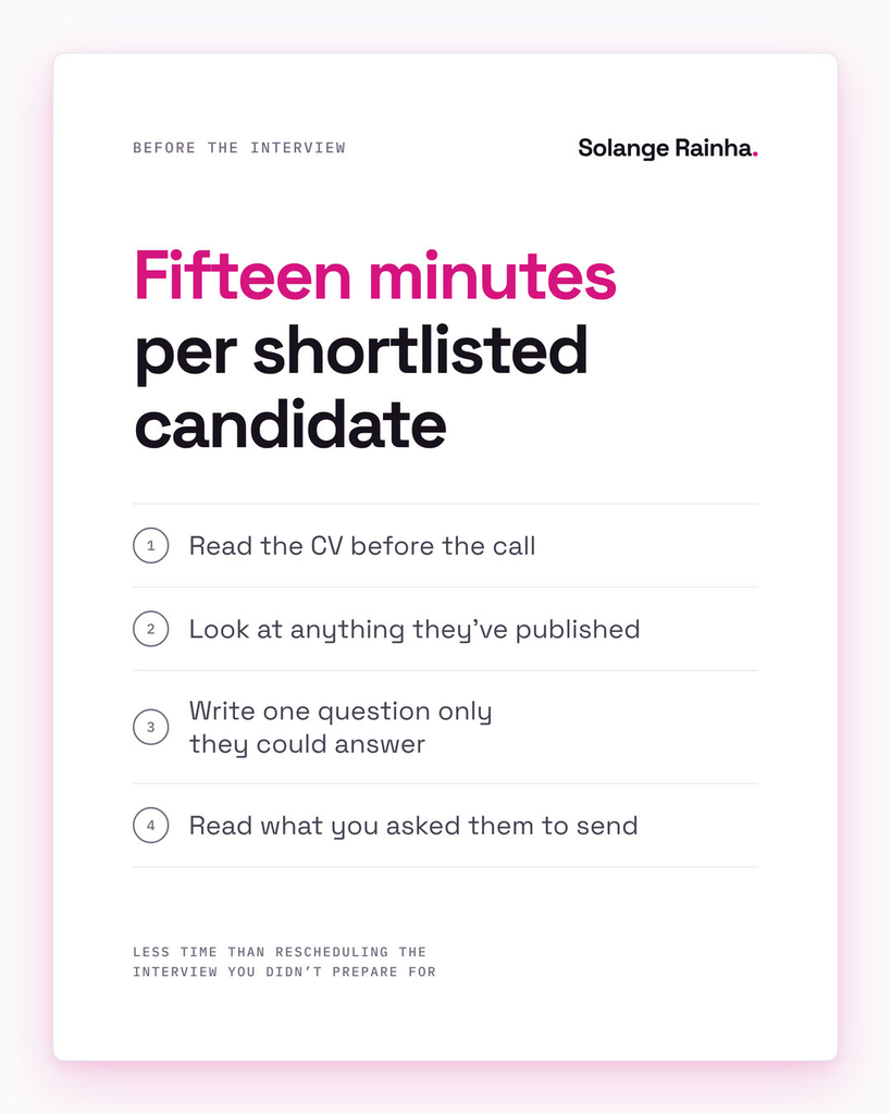 Card for hiring managers on fixing hiring research asymmetry: fifteen minutes per shortlisted candidate to read the CV beforehand, look at their published work, prepare one specific question and read anything you asked for.