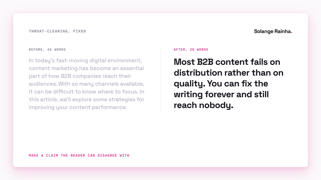 Before and after example of writing strong openings: a 45-word throat-clearing opening about today's digital environment rewritten as a 20-word claim that most B2B content fails on distribution.