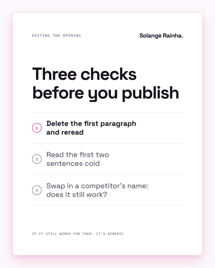 Checklist for writing strong openings: delete the first paragraph and reread, read the first two sentences cold, and check whether the opening would still work with a competitor's name in it.
