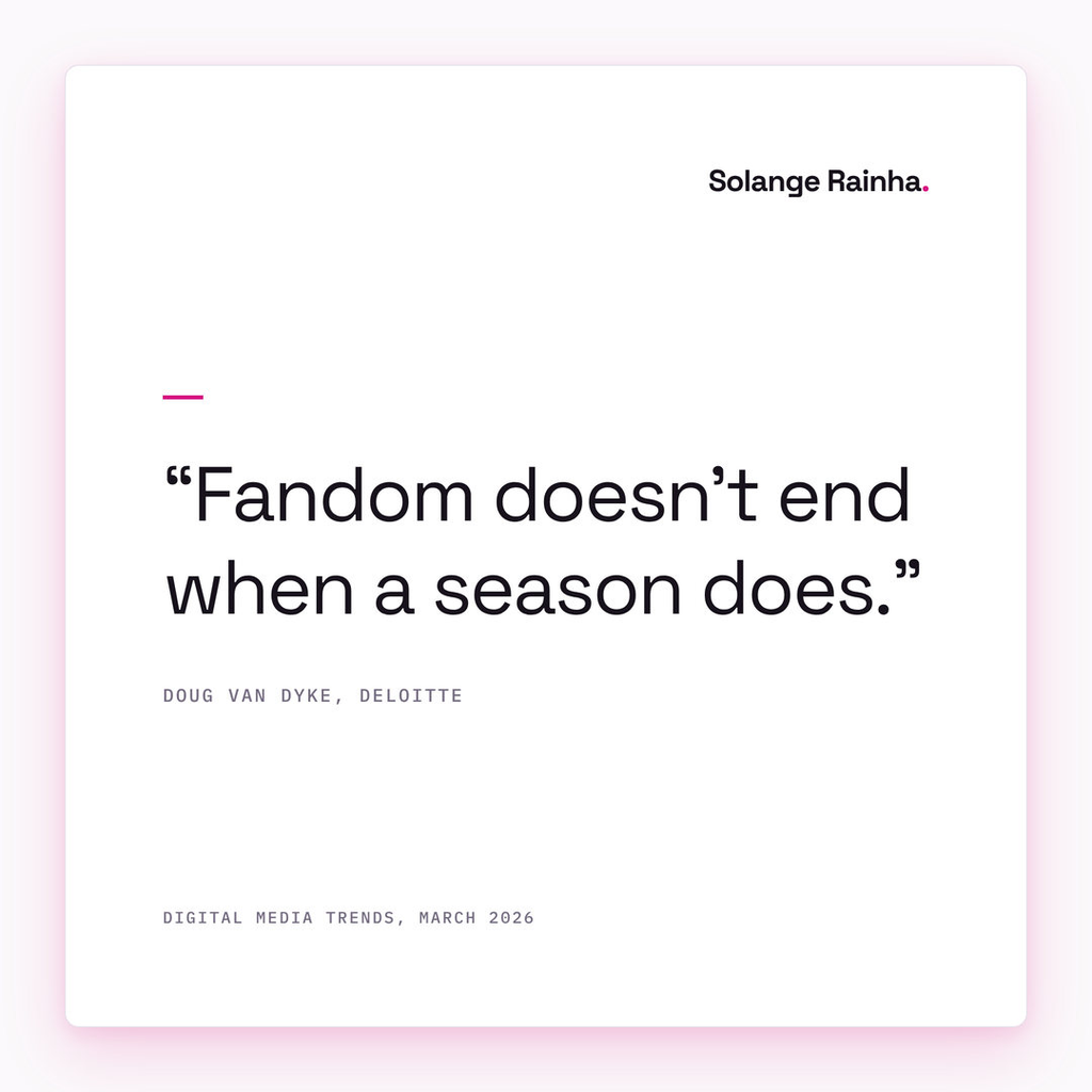 Quote card: "Fandom doesn't end when a season does," Doug Van Dyke, Deloitte, from the 2026 Digital Media Trends release.