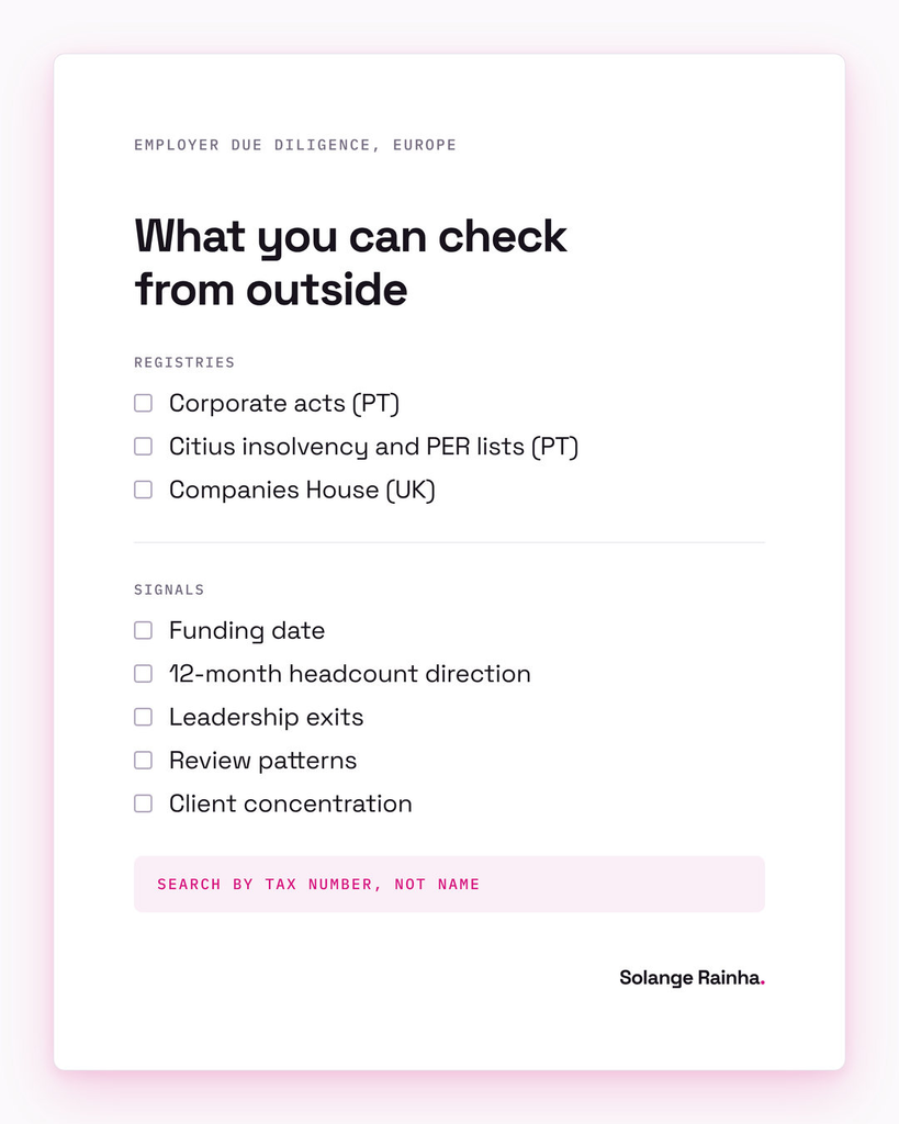 Checklist card for employer due diligence in Europe: corporate acts, Citius insolvency lists and Companies House records, then funding date, 12-month headcount direction, leadership exits, review patterns and client concentration.
